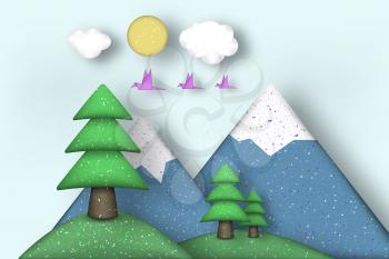 Applique with Cut Birds, Trees, Clouds, Mountains, Sun Style Paper Origami Craft World. Cutout Template with Concept Elements and Symbols. Landscape for Card, Poster. Vector Illustrations Art Design.