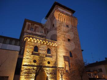 Torre Medievale medieval tower and castle at night in Settimo Torinese, Italy
