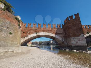 Ponte di Castelvecchio (meaning Old Castle Bridge) aka Ponte Scaligero (meaning Scaliger Bridge) over river Adige in Verona, Italy