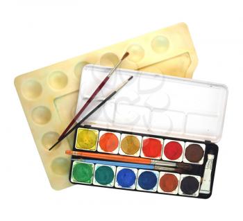 Painting tools with colour palette and brushes