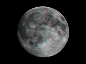 Full moon seen with an astronomical telescope anaglyph 3D stereoscopic view (requires red cyan glasses)