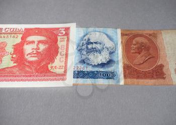 Vintage withdrawn banknotes of Soviet Union, German Democratic Republic and Cuba