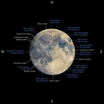 Map of full moon seen with telescope, with enhanced colours to show the real colours of terrain surface. Names of seas and craters in Latin and English