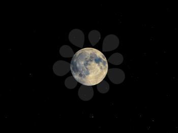 Full moon seen with an astronomical telescope, with starry sky