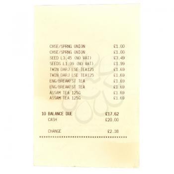 British supermarket receipt bill with prices in Pounds (GBP)