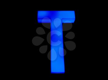 Blue neon light capital letter T over black background