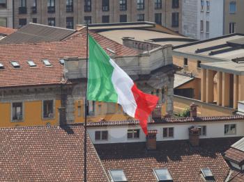 Italian flag of Italy on the roof of Palazzo Reale (Royal Palace) in Milan