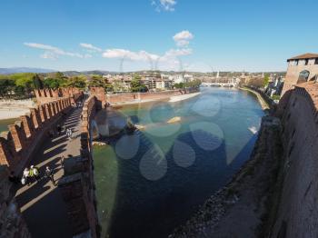 VERONA, ITALY - CIRCA MARCH 2019: Ponte di Castelvecchio (meaning Old Castle Bridge) aka Ponte Scaligero (meaning Scaliger Bridge) over river Adige
