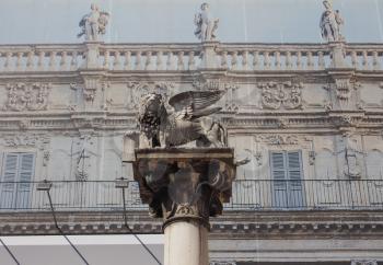 Leone Marciano (meaning Lion of Saint Mark) column in Piazza delle Erbe market square in Verona, Italy