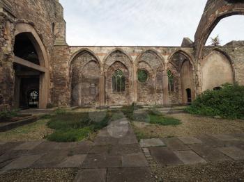 Ruins of St Peter church in Castle Park bombed during World War II and now preserved as a memorial in Bristol, UK