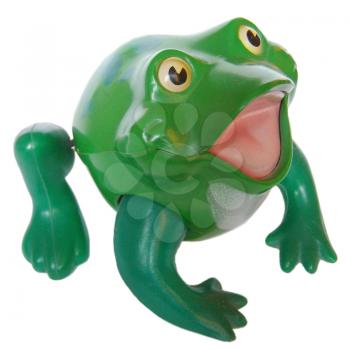 Green plastic toy frog over white background
