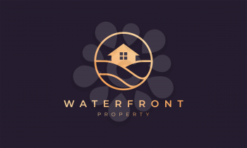 Real estate logo of gold line with house in circle shape with ocean wave
