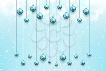 Winter celebration background with snow and glowing blue balls ornament for merry christmas holiday december