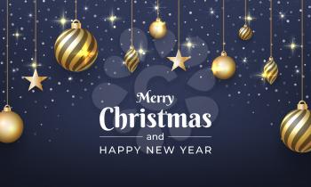 Merry Christmas and New Year design with sparkling gold ornaments