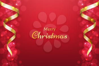 Red christmas background with ribbon and glowing bokeh effect. vector designs for invitations, advertisements, banners, posters, greeting cards, social media posts and more