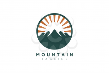 Vector design of the mountain and the sun in a minimalist and simple shape in a circle