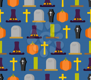 Halloween seamless pattern. Background for terrible holiday. hat witch and tombstone. Pumpkin and zombies

