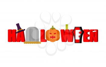 Halloween logo lettering. Gravestones and coffin. Hat witch and pumpkin. Typography for holiday
