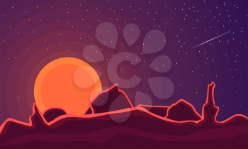 Abstract contemporary aesthetic landscape with sun, mountains. Mars planet tones