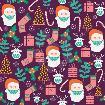 Santa Claus and deer wearing a protective face mask. Christmas and pandemic related seamless vector pattern