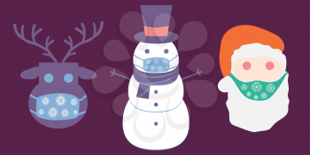 Christmas pandemic stickers vectors. Santa claus, deer, snowman in medical protective masks