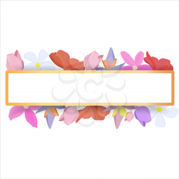Tropical flowers around a white frame copy space. Bright abstract background for banner, flyer or cover with copy space for text or emblem