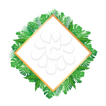 Tropical leaves around a diamond shape frame copy space. Bright abstract background for banner, flyer or cover with copy space for text or emblem