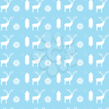 Blue winter reindeer snowflake and trees vector seamless pattern