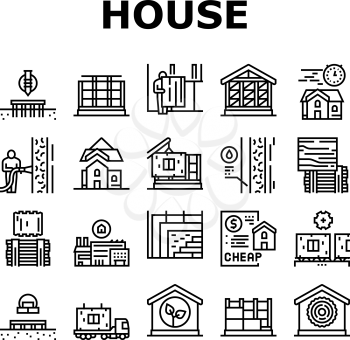 Timber Frame House Collection Icons Set Vector. Pile Screw Foundation And Ecowool Insulation, Wooden And Steel Building Frame Black Contour Illustrations