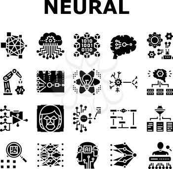 Neural Network And Ai Collection Icons Set Vector. Biological And Binary Neural Network, Mathematical And Artificial Model, Algorithm And Learn Glyph Pictograms Black Illustrations