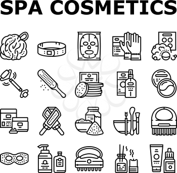 Spa Cosmetics Beauty Collection Icons Set Vector. Spa Cosmetics And Accessories, Mask And Aqua Bomb, Special Gloves And Brush Black Contour Illustrations