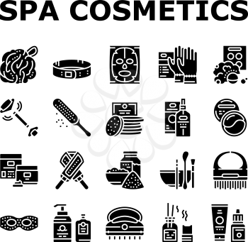 Spa Cosmetics Beauty Collection Icons Set Vector. Spa Cosmetics And Accessories, Mask And Aqua Bomb, Special Gloves And Brush Glyph Pictograms Black Illustrations
