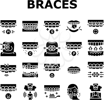 Tooth Braces Accessory Collection Icons Set Vector. Tooth Braces Installation And Correction, Metal And Sapphire, Ceramic And Plastic Material Glyph Pictograms Black Illustrations