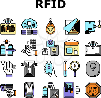 Rfid Chip Technology Collection Icons Set Vector. Security Card And Trinket, Development And Programming Rfid Radio Frequency Identification Concept Linear Pictograms. Contour Color Illustrations