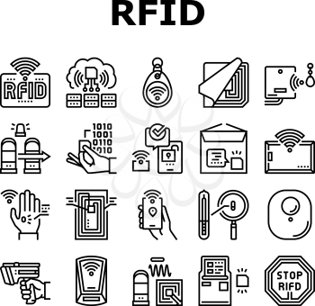 Rfid Chip Technology Collection Icons Set Vector. Security Card And Trinket, Development And Programming Rfid Radio Frequency Identification Black Contour Illustrations