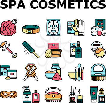 Spa Cosmetics Beauty Collection Icons Set Vector. Spa Cosmetics And Accessories, Mask And Aqua Bomb, Special Gloves And Brush Concept Linear Pictograms. Contour Color Illustrations