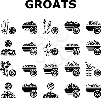 Groats Natural Food Collection Icons Set Vector. Amaranth And Artek, Rice And Corn, Beans And Couscous, Peas And Quinoa Groats Glyph Pictograms Black Illustrations