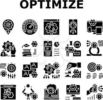 Optimize Operations Collection Icons Set Vector. Optimize Internet Speed And Electronics, Smartphone And Computer, Education And Work Glyph Pictograms Black Illustrations