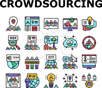 Crowdsourcing Business Collection Icons Set Vector. Internet Advertising And Social Media Promotion, Idea And Viral Marketing Crowdsourcing Concept Linear Pictograms. Contour Color Illustrations