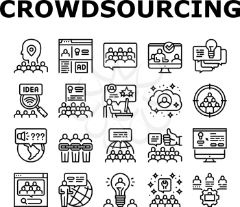 Crowdsourcing Business Collection Icons Set Vector. Internet Advertising And Social Media Promotion, Idea And Viral Marketing Crowdsourcing Black Contour Illustrations