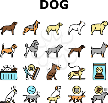 Dog Domestic Animal Collection Icons Set Vector. Yorkshire And Rottweiler, Beagle And French Bulldog, Golden Retriever And German Shepherd Dog Concept Linear Pictograms. Contour Illustrations