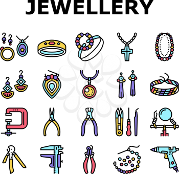 Handmade Jewellery Collection Icons Set Vector. Baubles And Chains, Bijouterie And Bracelets, Rings And Earrings Jewellery, Tool For Make Accessories Concept Linear Pictograms. Contour Illustrations