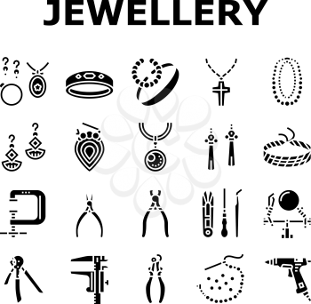 Handmade Jewellery Collection Icons Set Vector. Baubles And Chains, Bijouterie And Bracelets, Rings And Earrings Jewellery, Tool For Make Accessories Glyph Pictograms Black Illustrations