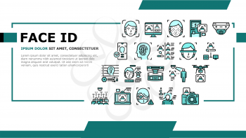 Face Id Technology Landing Web Page Header Banner Template Vector. Face Id And Finger Print Access, Atm Bank Terminal And Unblocked Smartphone Facial Protect System Illustration