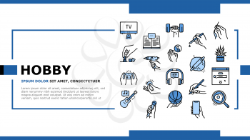 Hobby Leisure Time Landing Web Page Header Banner Template Vector. Watching Tv And Playing Video Game, Play On Guitar And Reading, Singing And Cooking Illustration
