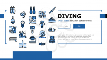 Diving Scuba Equipment Landing Web Page Header Banner Template Vector. Mask And Snokler, Fins And Swimming Suit, Flash Light And Knife Diving Tool Illustration