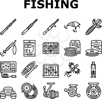 Fishing Shop Products Collection Icons Set Vector. Bait Cast Reel With Monofilament Line And Spinning, Kayak Boat And Weights Fishing Accessories Black Contour Illustrations
