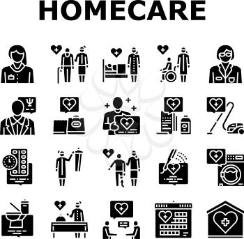 Homecare Services Collection Icons Set Vector. Volunteer Personal Care Elderly And Sick People, Dressing And Helping Washing Homecare Services Glyph Pictograms Black Illustrations