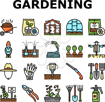 Gardening Equipment Collection Icons Set Vector. Glass And Polycarbonate Greenhouse Construction, Gardening Tool And Instrument Concept Linear Pictograms. Harvest Contour Illustrations