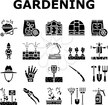 Gardening Equipment Collection Icons Set Vector. Glass And Polycarbonate Greenhouse Construction, Gardening Tool And Instrument Glyph Pictograms Black Illustrations